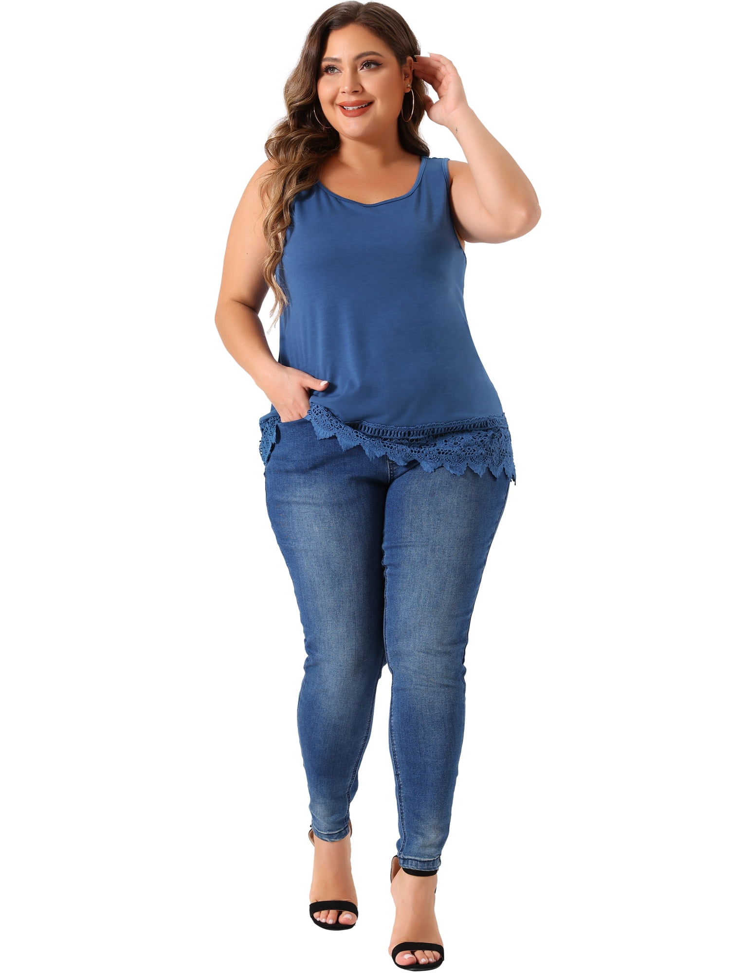 DARING DIVA Women's Plus Tank Tops Round Neck Swing Lace Panel Flowy Tops 1X Navy Blue