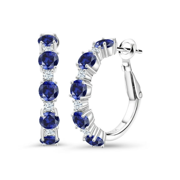 Gem Stone King 2.74 Cttw Blue Created Sapphire Hoop Earrings for Women | 925 Sterling Silver | Round 4MM and 1.9MM | Gemstone Birthstone | 1 inch Diameter | Fine Jewelry Gifts for Her Mom Wife