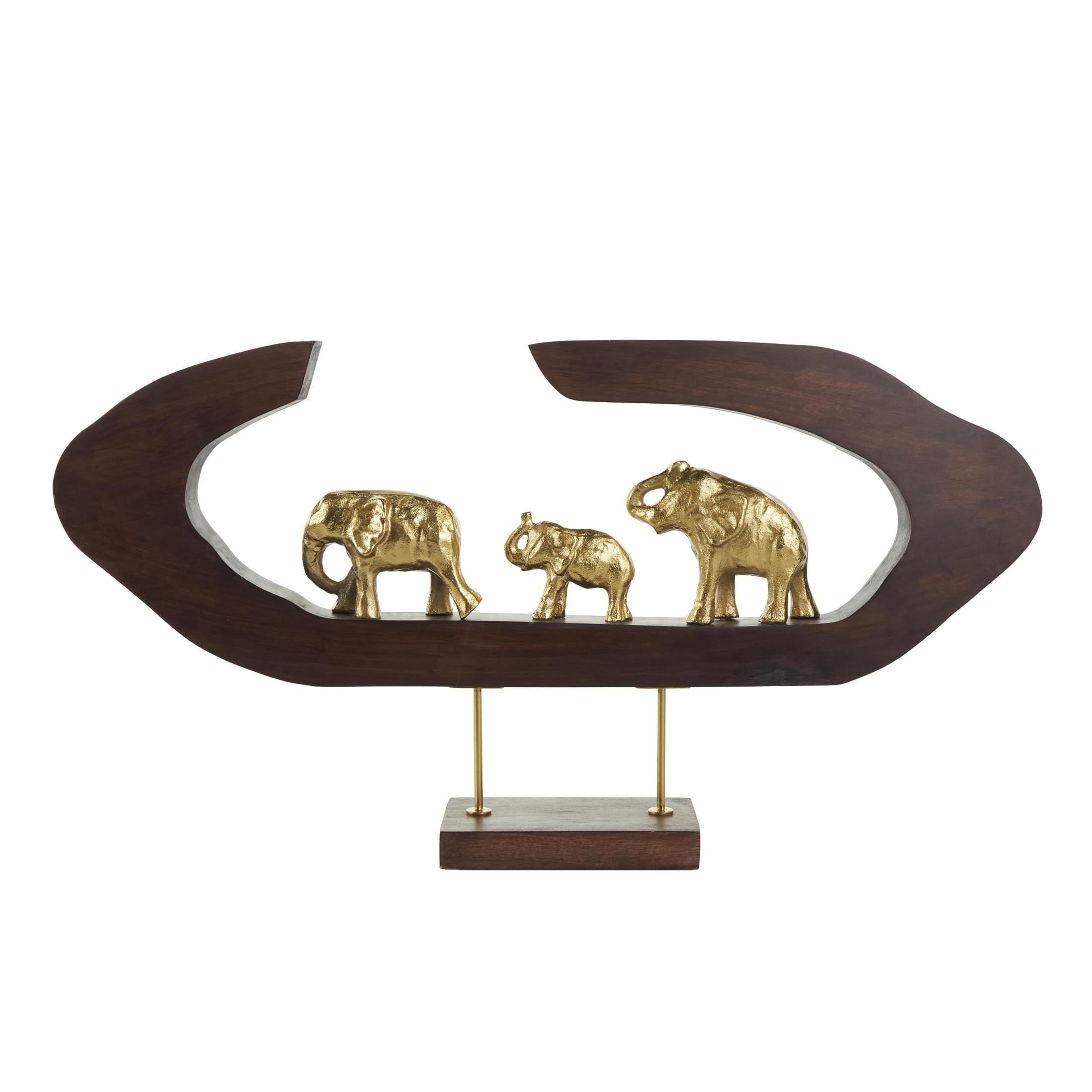 27" x 14" Gold Aluminum Metal Elephant Sculpture with Brown Wooden Frame, by DecMode