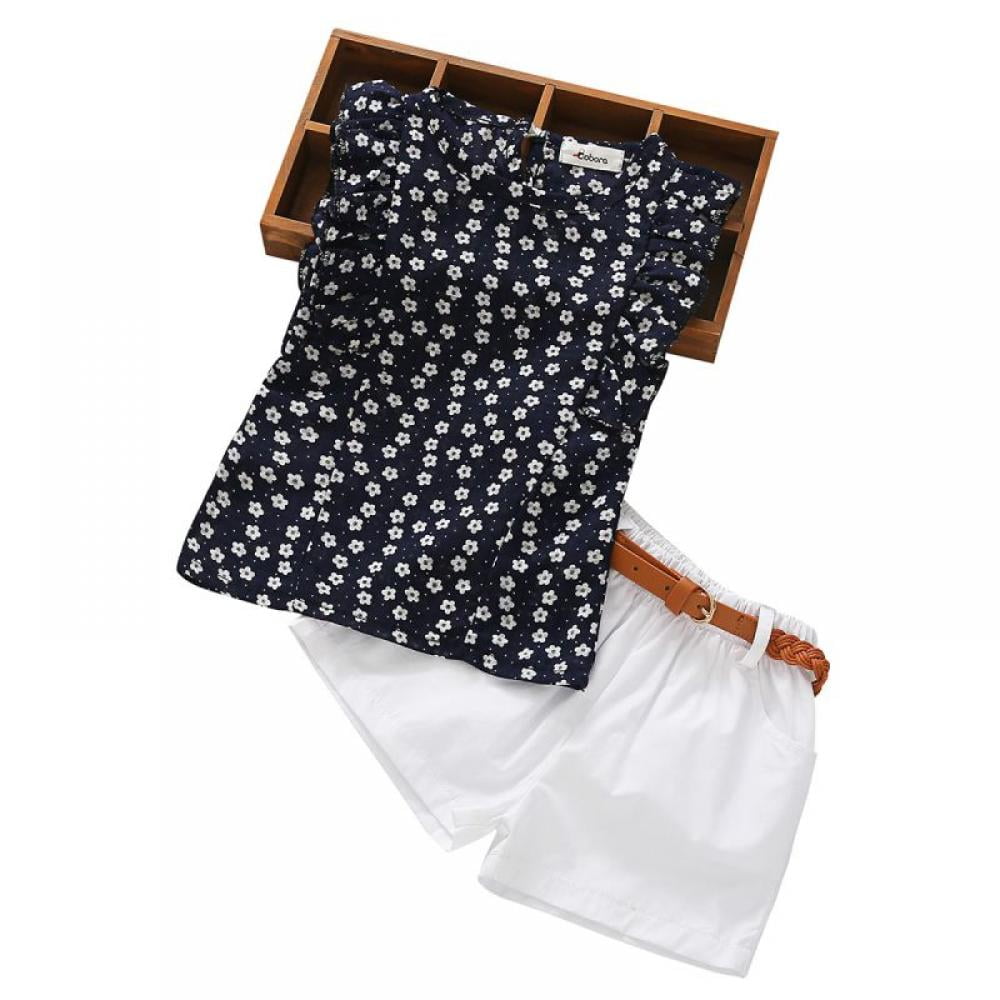 2Pcs Set Fashion Toddler Kids Baby Girl Summer Outfits Sleeveless Floral T-Shirt Top Shorts with Belt Clothes Set for 2 3 4 5 6 7 Years Little Girls