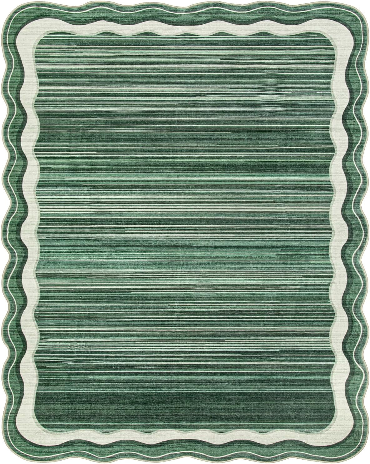 Wonnitar 8'x10' Scalloped Large Area Rug for Living Room, Washable Striped Bedroom Rug, Green Wavy Modern Rug for Dining Room, Home Office, Non Slip Soft Low Pile Stain Resistant