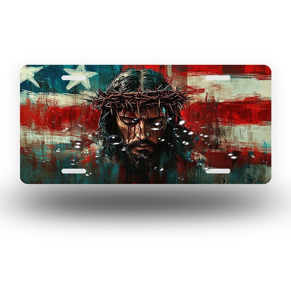 Christ with Crown of Thorns and American Flag Front License Plate, Funny Standard Plates Personalized Novelty Decorative For Men/Women/Boys/Girls Car 6×12 Inch