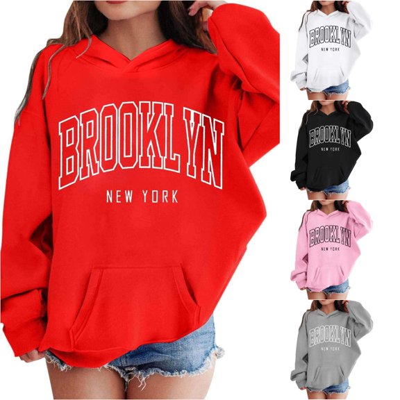 Krdevn Kids Vintage Brooklyn Letter Graphic Drop Shoulder Pullover Hoodie Kangaroo Pocket Soft Casual Sweatshirt,4-5 Years