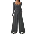 thumbnail image 2 of Long Sleeve Jumpsuit for Women Ruched One Piece Wide Leg Jumpsuit Baggy Square Neck Workout Romper with Pockets, L, 2 of 6