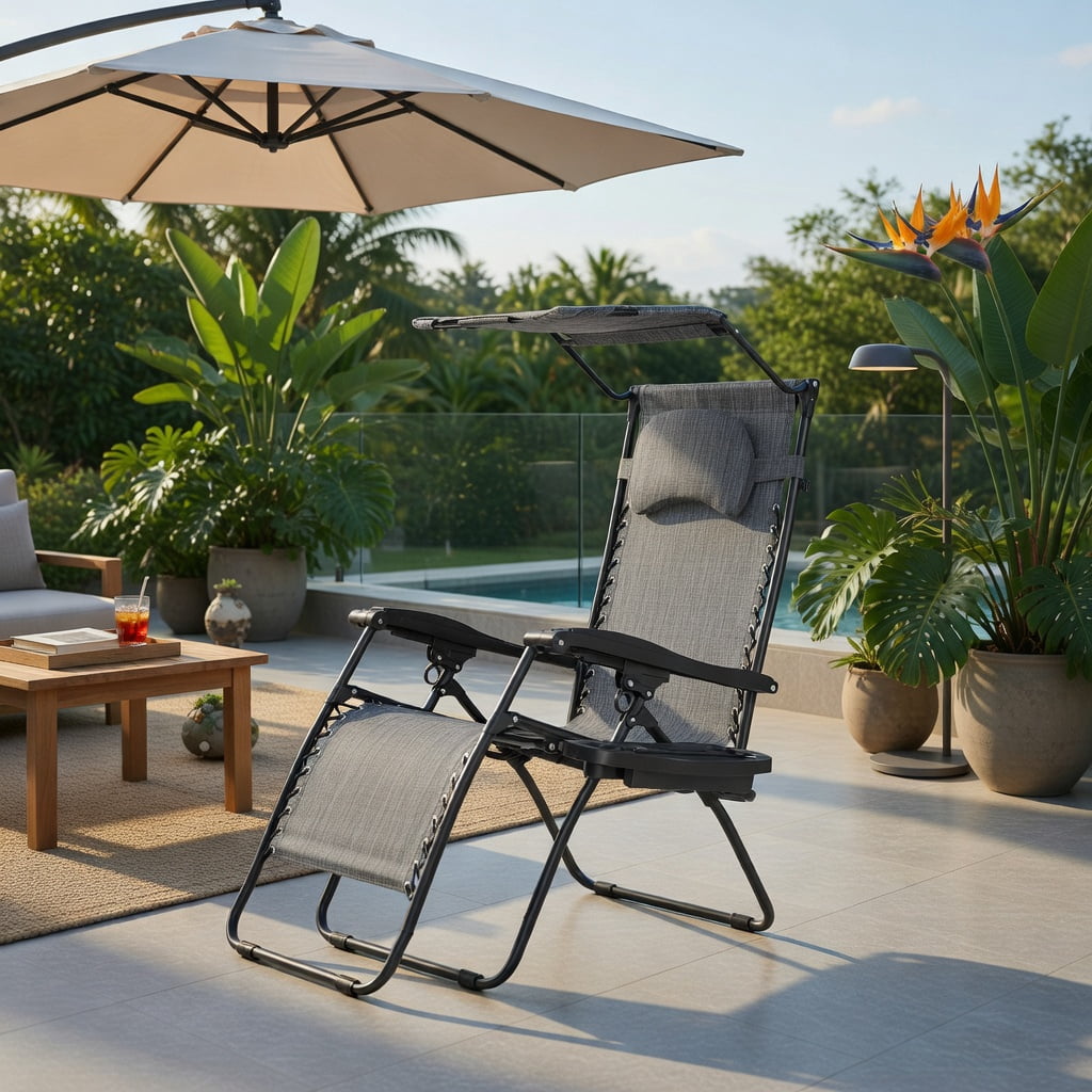 Hommoo Folding Reclining Lounge Chair with Adjustable UV-Protective Shade Canopy, Removable Cup Holder & Headrest, Gray