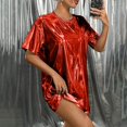 thumbnail image 2 of ManxiVoo Women's Drop Shoulder Tee Dress Sparkly Glitter for Concert Festival and Summer Outfit S Size Red, 2 of 8