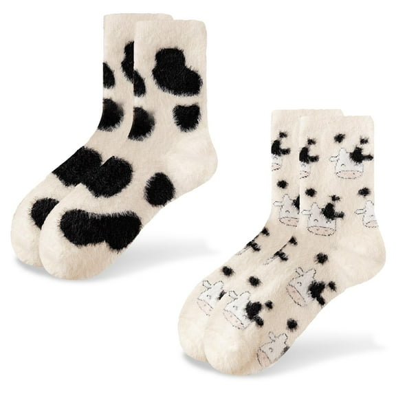 Cute Stuff Cow Print Socks For Women Fuzzy Winter Fluffy Lazy Sleeper Socks Warm Thick Cozy Trendy Cow Plush Mid-Calf Socks Cow Themed Halloween Christmas Birthday Gifts for women teen girls