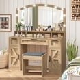 thumbnail image 7 of FANGSUM Farmhouse Vanity Desk with Large Lighted Mirror and 10 Lights, 43.3" Glass Tabletop Makeup Vanity with 3 Drawers, Large Vanity Tabel Set with Long Shelf, 2 Cabinets and Stool, 7 of 7