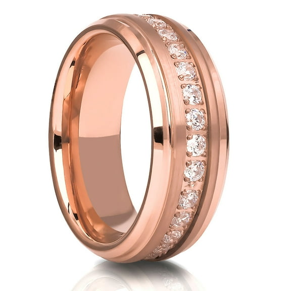 Rose Gold Wedding Ring,White CZ Wedding Ring,Engagement Ring,8mm Tungsten Ring,Comfort Fit Ring