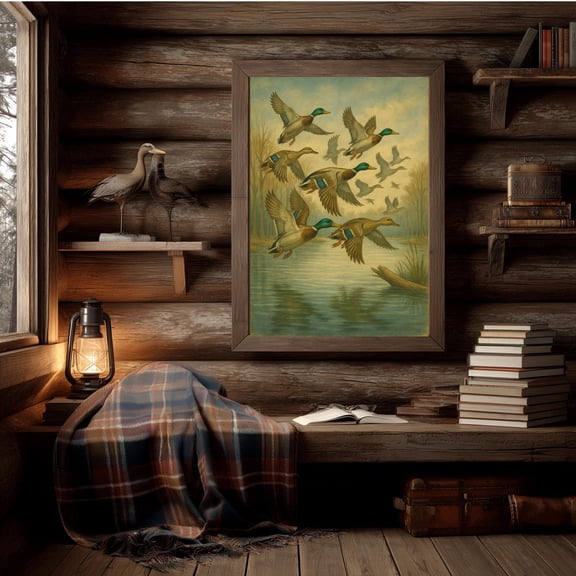 Vintage Mallard Ducks Wall Art Print Rustic Wildlife Hunting Cabin Decor, Waterfowl Nature Scene Print, Lodge Style Home Artwork Home Decor #1225, Unframed Poster Size 8x12