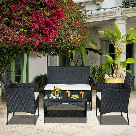 Wicker Chair Set Upgrade 4 Piece Outdoor Patio Furniture Set with Wicker Chairs Loveseat & Glass Coffee Table Modern Rattan Conversation Set Wicker Patio Set for Yard Porch Poolside LLL1718