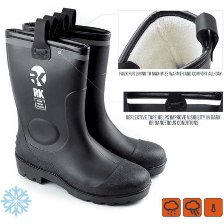 RK Men's Insulated Waterproof Fur Interior Rubber Sole Winter Snow Cold Weather Rain Boots - 13 D(M) (Best Winter Rubber Boots)