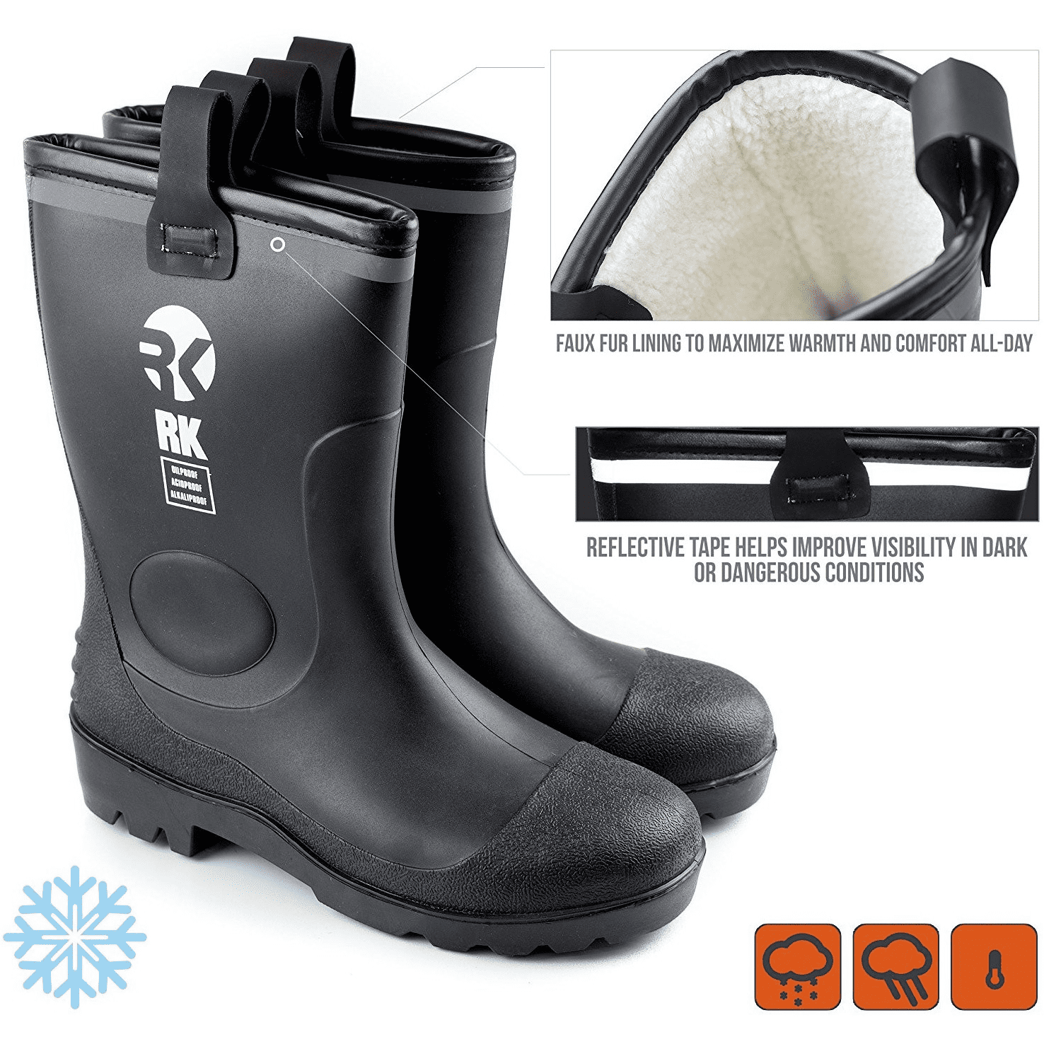 RK Safety - RK Men&amp;#39;s Insulated Waterproof Fur Interior Rubber Sole Winter Snow Cold Weather Rain Boots - 13 D(M) US
