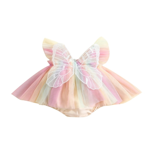 MesaSe Infant Girl Rompers Dress Butterfly Wing Fly Sleeve Rainbow Color Tulle Skirt Hem Jumpsuits