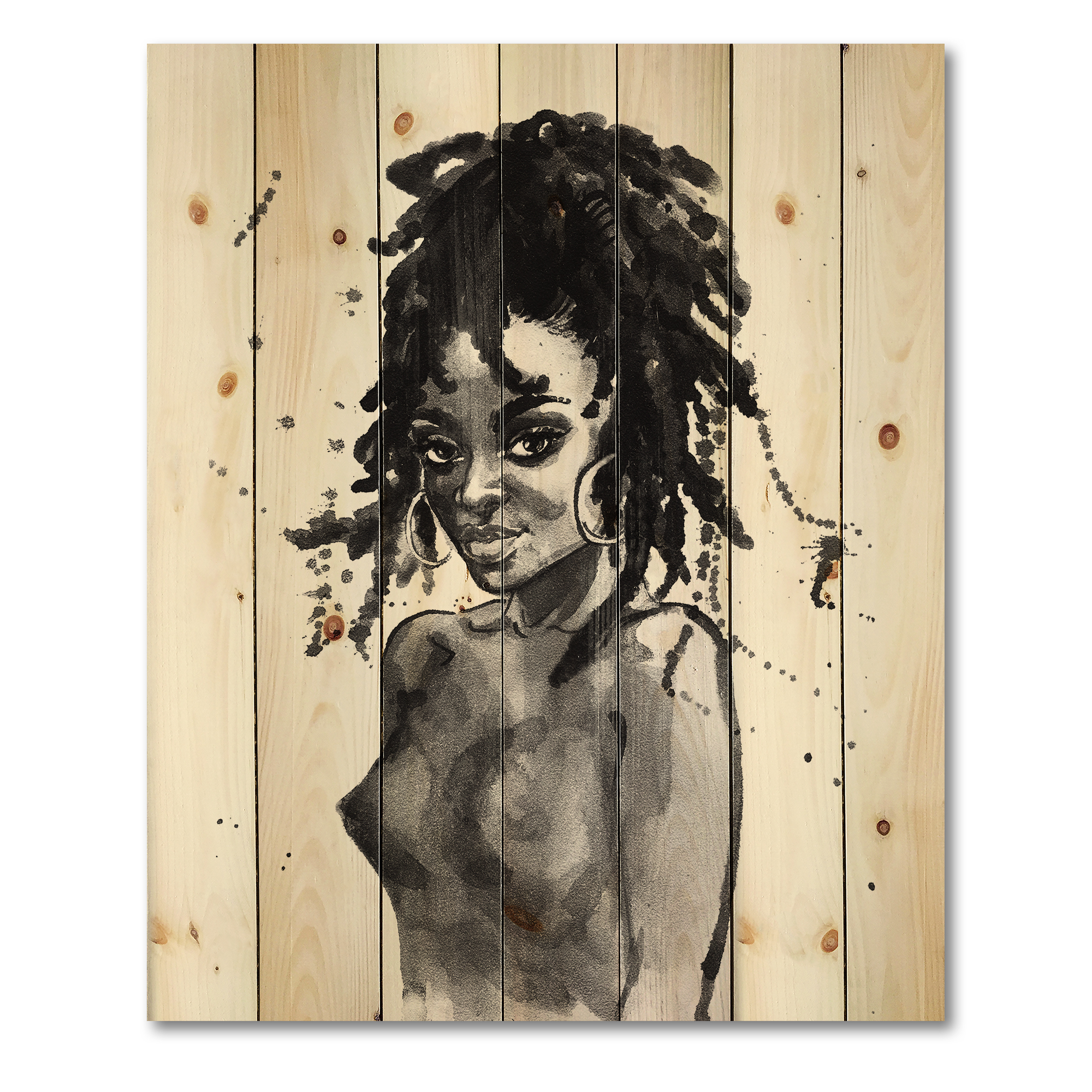 Designart 'Black and White Portrait of African American Woman V' Modern Print on Natural Pine Wood