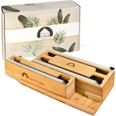 Bamboo Foil and Plastic Wrap Organizer 3 in 1 Wrap Dispenser with Cutters and Detachable Holder for Drawer or Wall Compatible with 12 Inches Roll