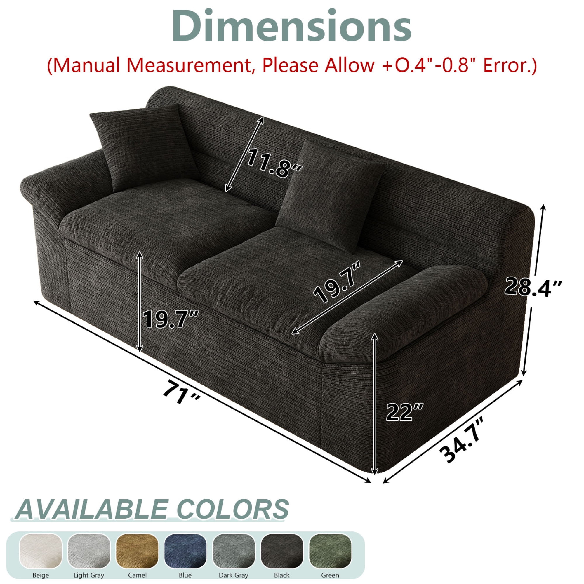 HOQBN 71" Boneless Couch for Living Room,Upholstered Chenille Sofa with Deep Seat Design and 2 Pillows,Comfy Cloud Couch for Bedroom, Office, Apartment, No Assembly,Antique Black