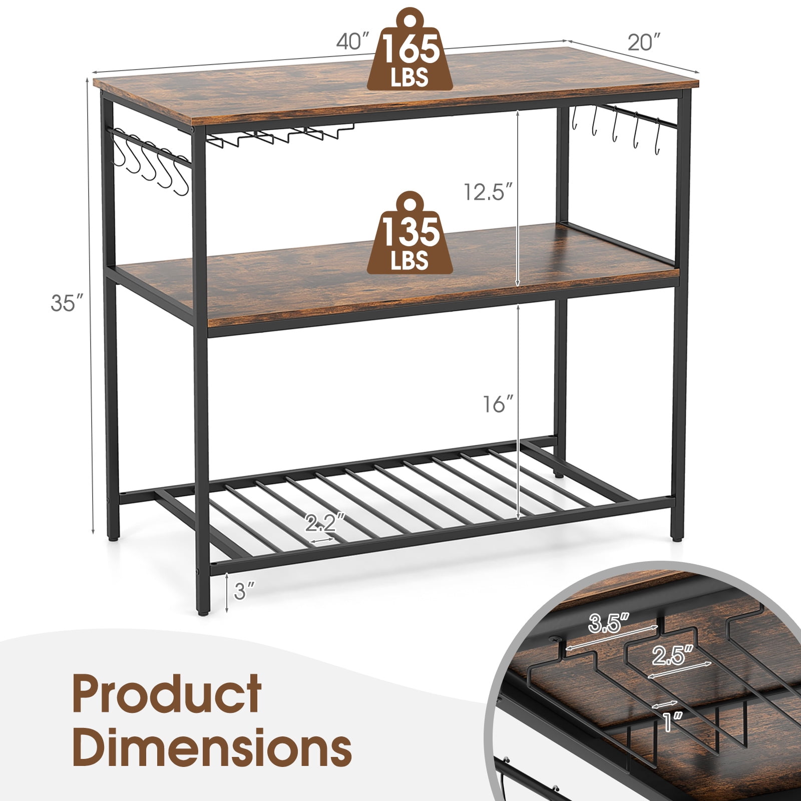 Topcobe 3 Shelves Kitchen Island Industrial Prep Table with Bottom Wine Rack, Basics Kitchen Storage Rack, Rustic Brown