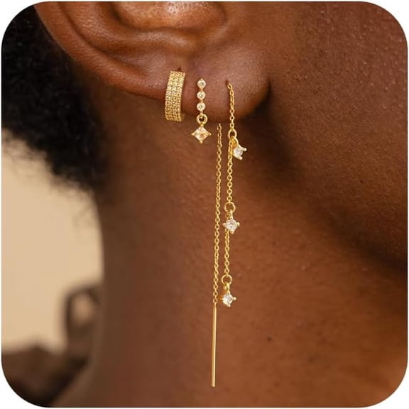 DESIGNICE Chain Earrings for Women,Dainty Gold Plated Threader Earrings Non Tarnish Hypoallergenic Earring Stack Long Dangle Earrings Double Piercing Earrings Gold Jewelry for Women