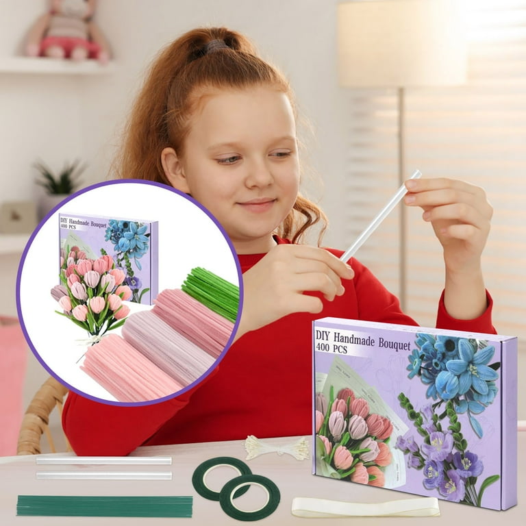 Steadline 400 Pcs Pipe Cleaners Craft Kit,Floral DIY Bouquet Making Supplies with 4 Colors Chenille Stems,Includes Wires, Stamens and Accessories,Perfect for Creative Handmade Flower Projects