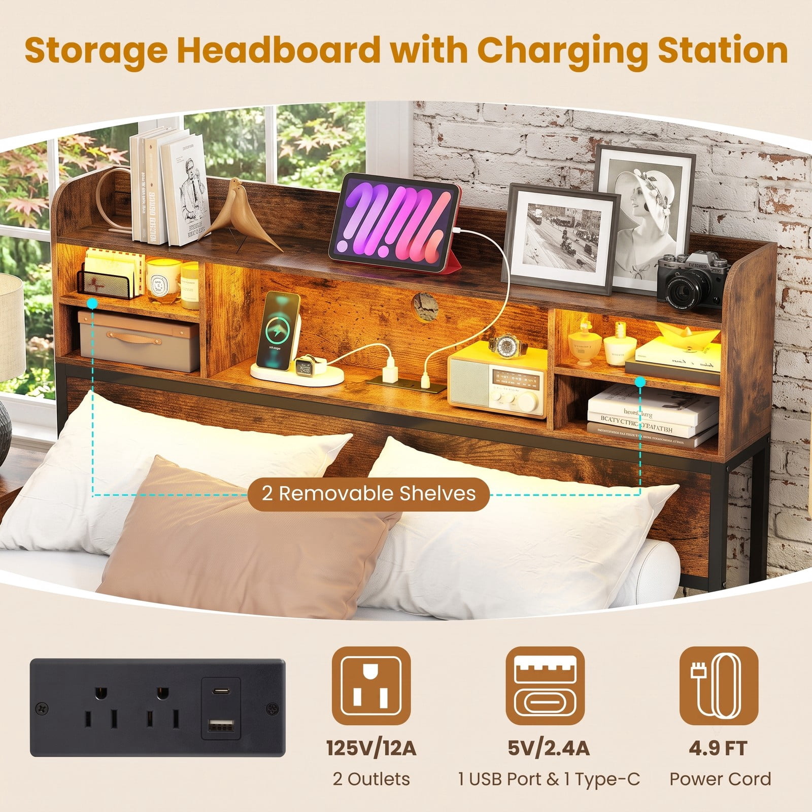 Furnibear Full Size Bed Frame with Storage, Metal Platform Bed with Storage Headboard, LED Lights and USB Charging, Rustic Brown