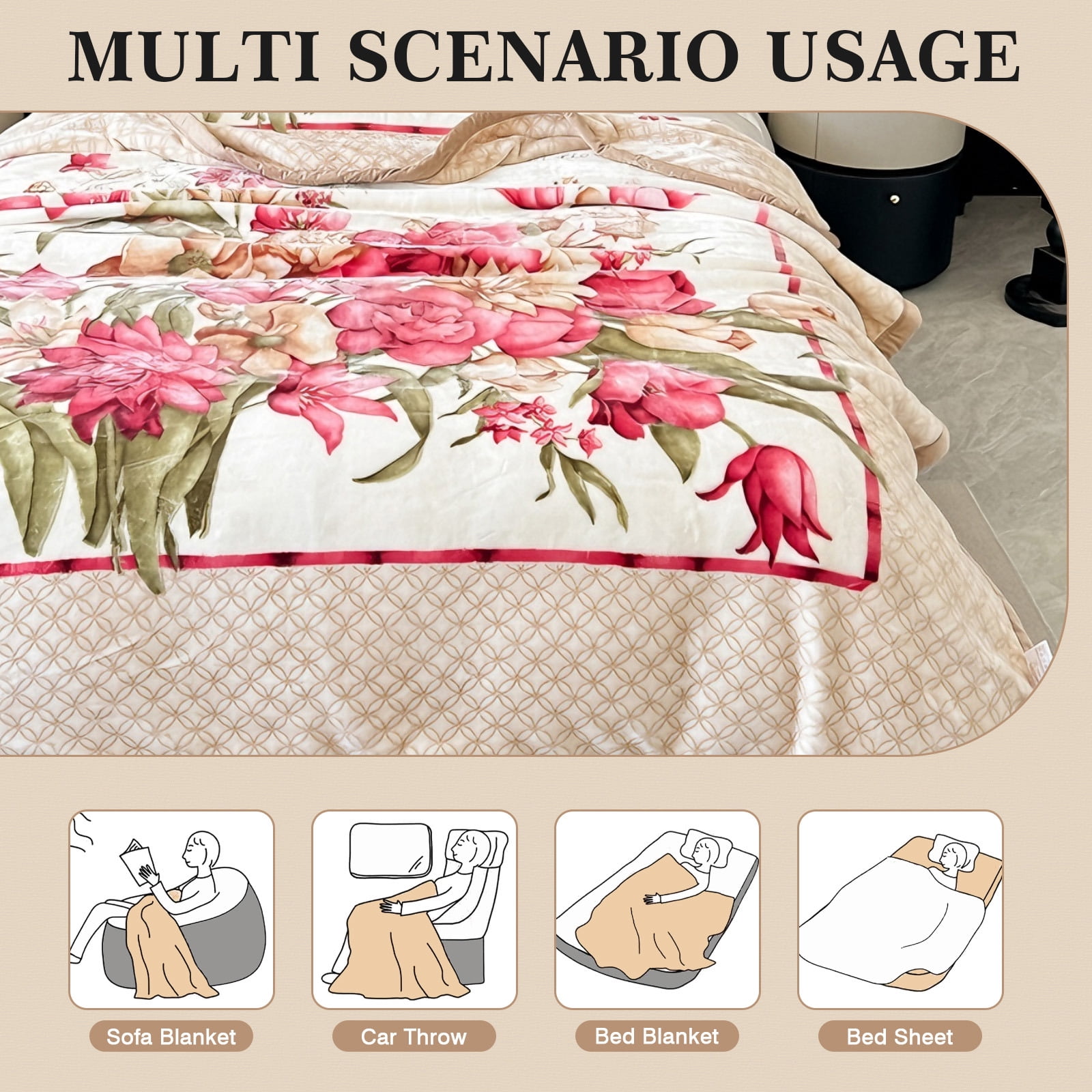 WOOW DEPOT Thick Fleece Twin Bed Blanket Reversible, 1 PCS Peony Flower Printed 59" x 78.7" Soft Warm Mink Blanket Luxurious 4.41 lb Heavy, Khaki