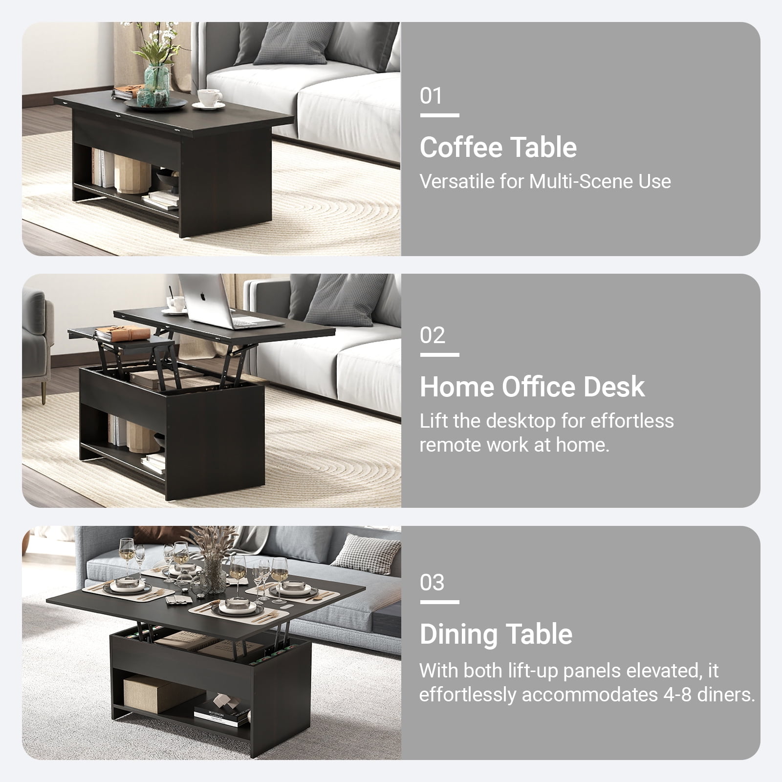 Manxile Rustic Lift Top Coffee Table, 4 in 1 Multi-Function Convertible Coffee Table with Hidden Storage for Living Room, Black&Brown