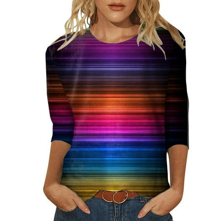 

koaiezne Womens Daily Gradient Vintage Print O Neck Tops Three Quarter Sleeve Round Neck Tee Shirt Printed Gradient Loose Side Split Blouse Tunic Shirt Ladies under Scrub Shirt Long Sleeve