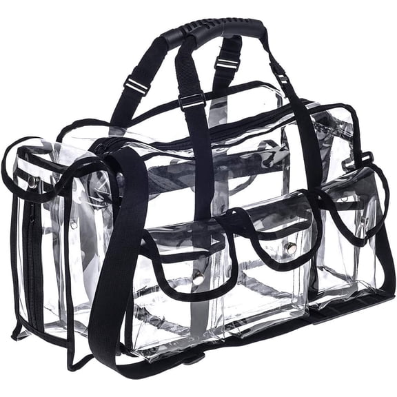 Clear Travel Makeup Bag with 6 External Pockets,Cosmetic Organizer Case with Shoulder Strap,Large