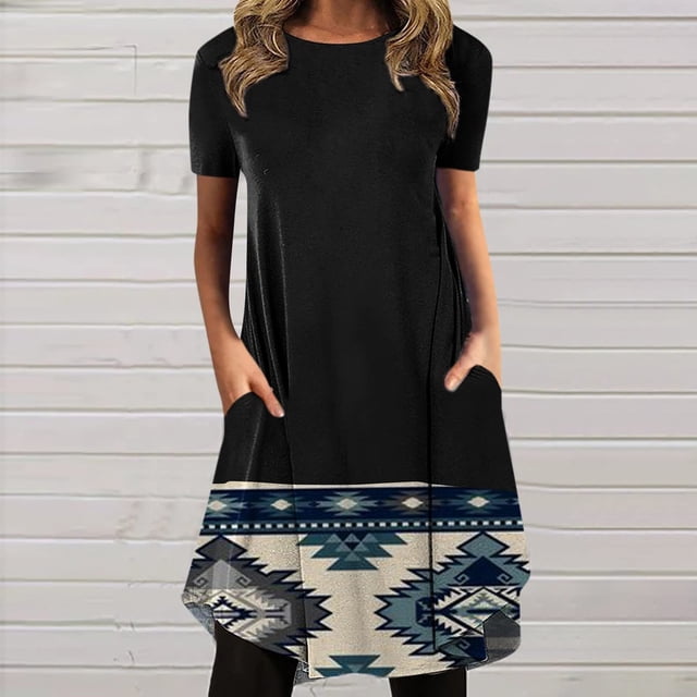 Robes pour Femmes 2024 Été Oversize Décontracté Col Rond Imprimé Manches Courtes avec Poche 50 % de Réduction Liquidation!