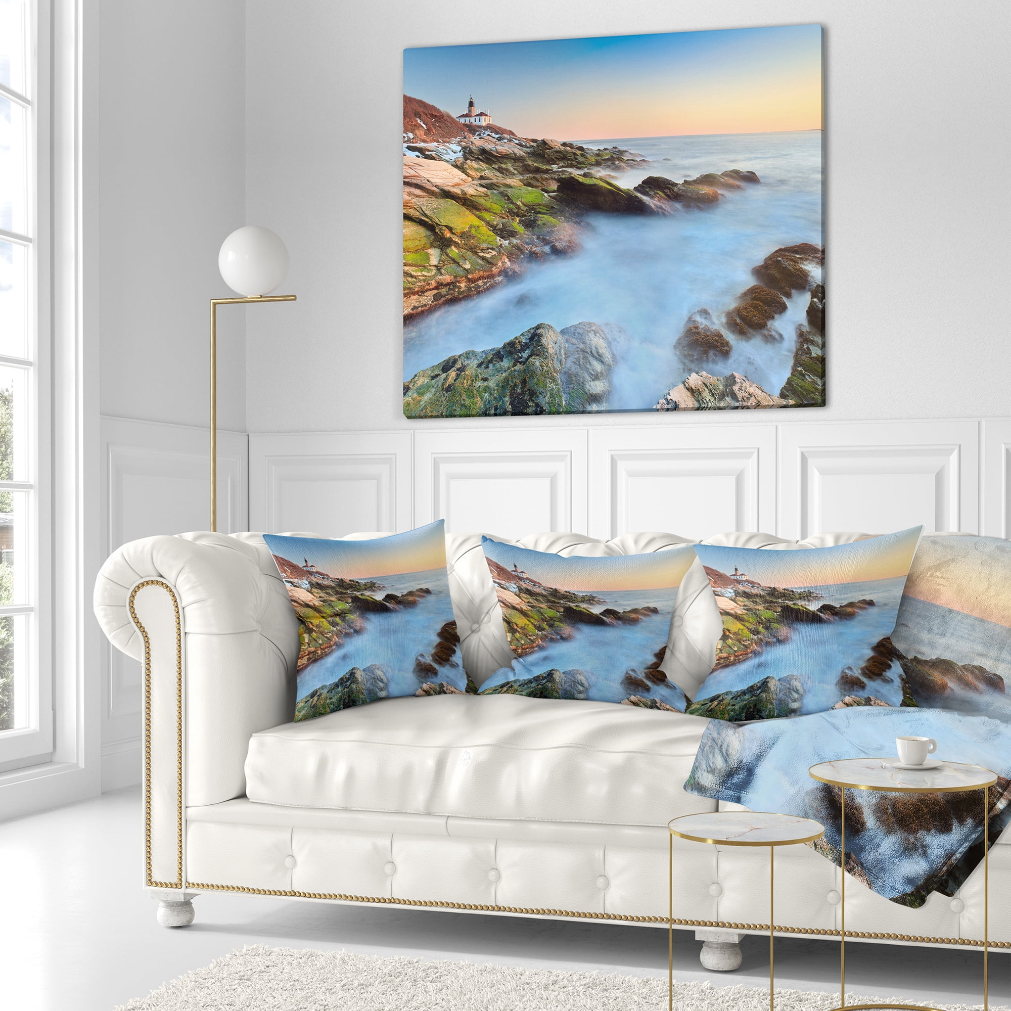 Designart Beavertail Lighthouse During Winter - Beach Photo Throw Pillow - 18x18