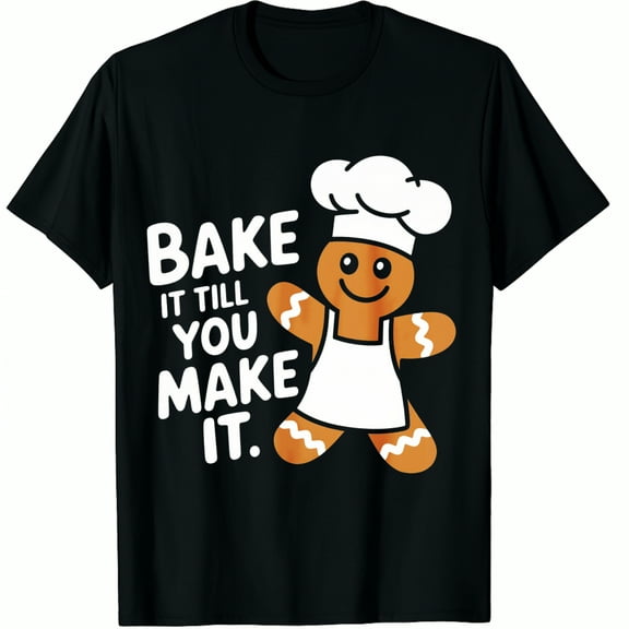 Christmas Cute Gingerbread Chef Black Bake It Till You Make Print Cartoon Graphic T-Shirt ,Tops Tee for Men and Women