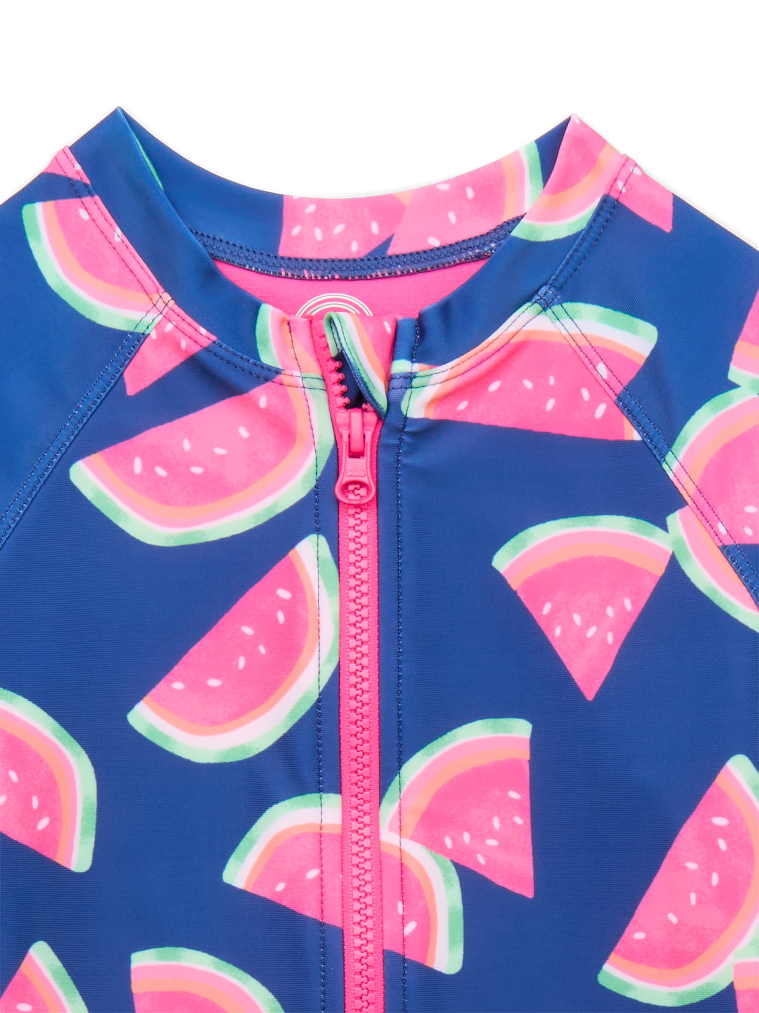 Wonder Nation Girls Zip-Up Rash Guard One-Piece Swimsuit with Long Sleeves, Sizes 4-18 & Plus