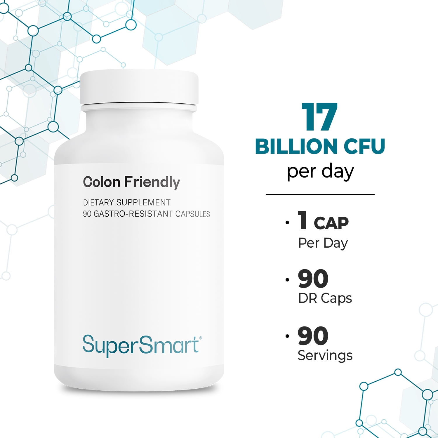 SuperSmart Colon Friendly 17 Billion CFU per Day (Advanced Formula) - 4-in-1 Probiotics Supplement - with Bifidobacterium & Lactobacillus | Non-GMO & Gluten Free - 90 DR Capsules