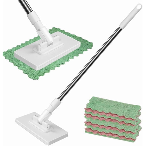 Disposable Dust Mop with 4 Reusable Cloths, Retractable Gap Dust Cleaner Flat Mop with Locking Head & Sweeping Cloths, 39" Long Handle Mopping Sweeper Stick for Multi Surface Cleaning