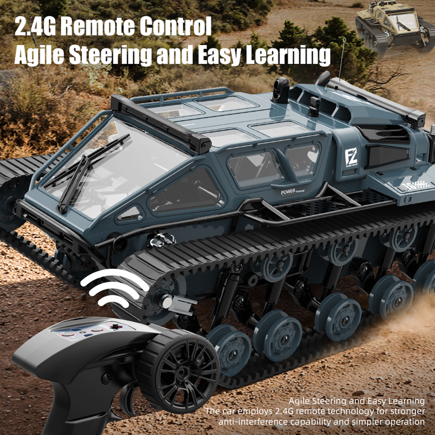 RC Tank Car, 1:16 Remote Control Crawler 10KM/H High Speed Tank, 2.4Ghz RC Rock Crawler Off-Road 4WD 360°Rotating Drifting Car with 2 Batteries, Military Truck Toy Gift for Kids