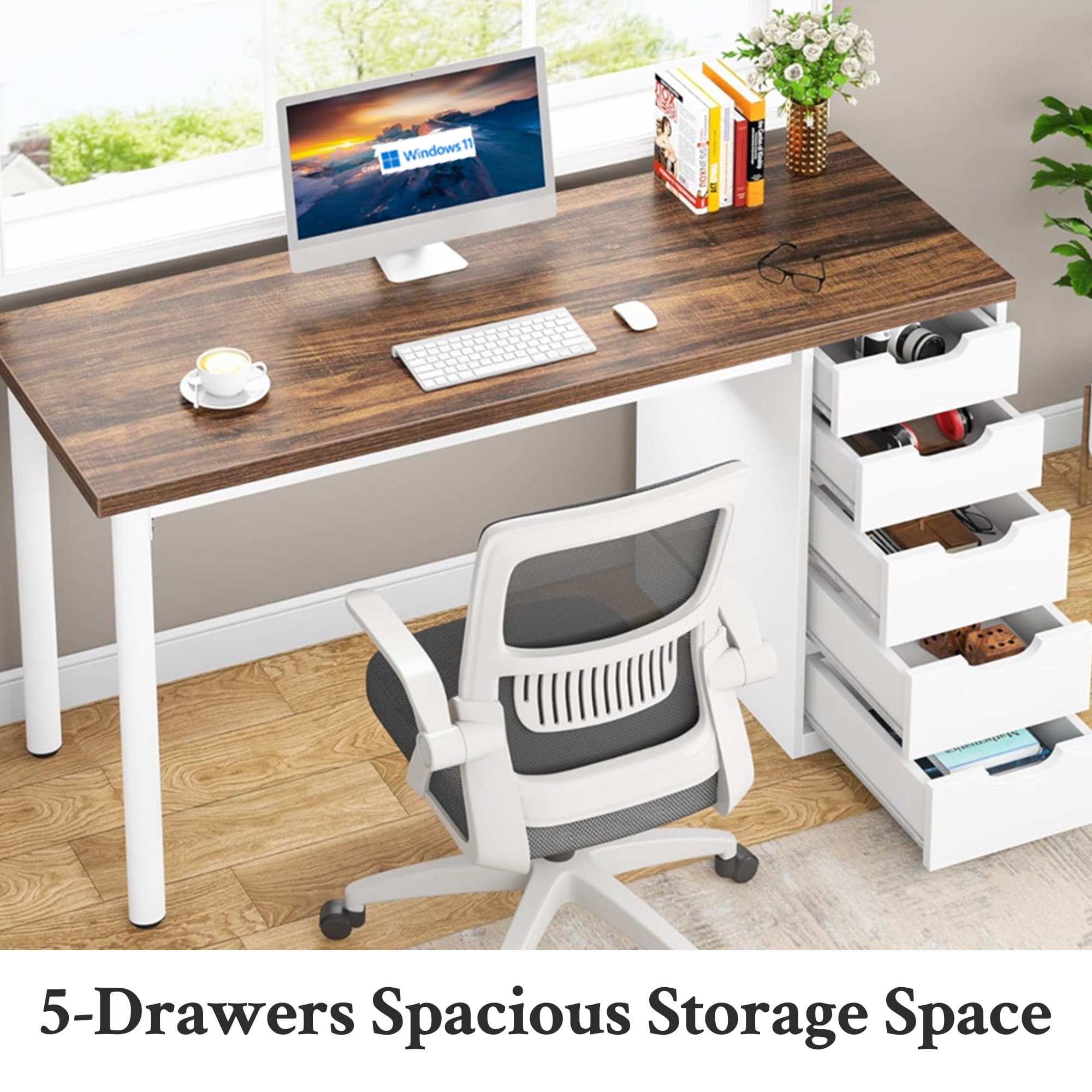 KIOOTTO 47" Computer Desk with 5 Drawers, Reversible Storage Cabinet and Compact Workstation, Nordic Oak