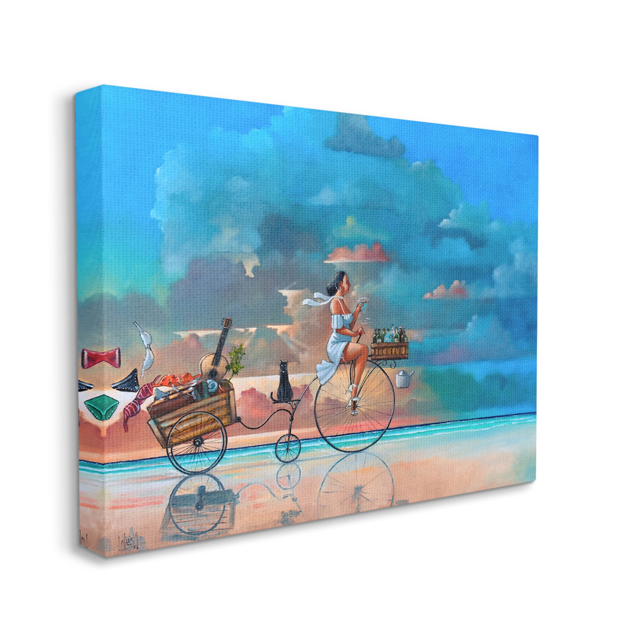 Summer Beach Bike Ride Reflection Coastal Painting Gallery Wrapped Canvas Print Wall Art