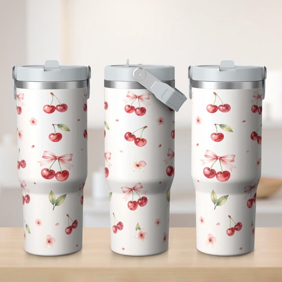 30oz Cherry Tumbler with Handle Insulated Stainless Tumbler ,Travel Home Office Coffee Cup Water Bottle,Mug Cup,Gifts for Women