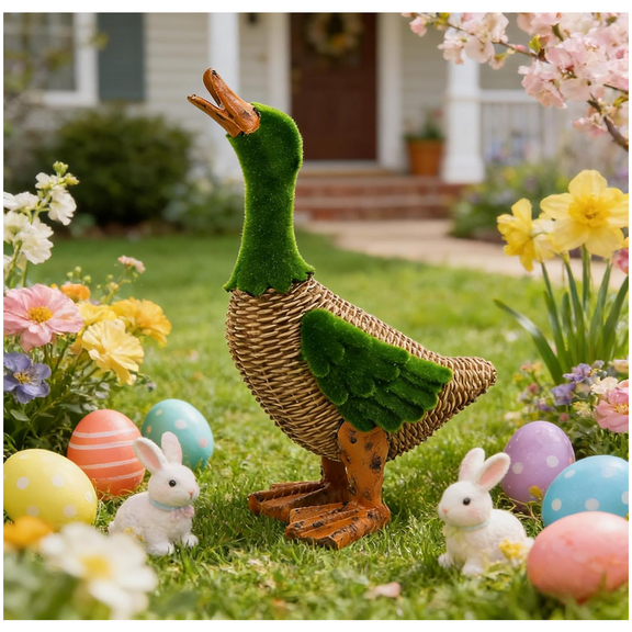 Resin Duck Figurine Green Moss Duck Sculpture Combines Flocking Moss & Imitation Rattan Woven Textures Realistic Statues Landscape Decorations for Garden Farm,Patio,Backyard - (Duck_Standing)