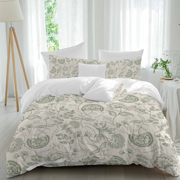 Farmhouse Sage Green Floral Duvet Cover Set Twin Size Linen Boho Paisley Flower Rustic Soft Lightweight Comforter Covers 4 Piece Bedding Set with 1 Duvet Cover 1 Bed Sheet & 2 Pillow Shams
