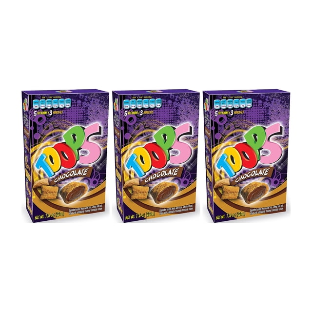 TOOPS, Cereal Relleno de Chocolate, Exquisito Cereal Flips Venezolano para Niños, Paquete de 3 Cereales Flips de Chocolates Hecho en Colombia (3 Pack de 220g - Chocolate)