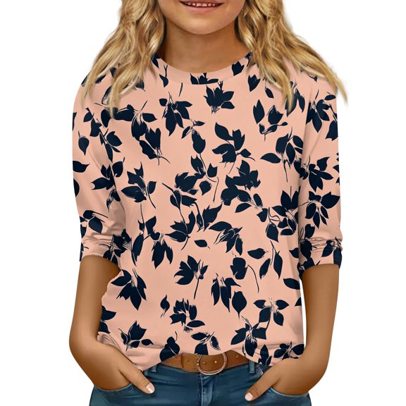 XADYUY Girls Shirts Crewneck Floral Print Toddler T-Shirt 3/4 Sleeve Toddler Girls T-Shirts Summer Trendy Cotton Loose Toddler Tops Girls 13-14 Years,Pink