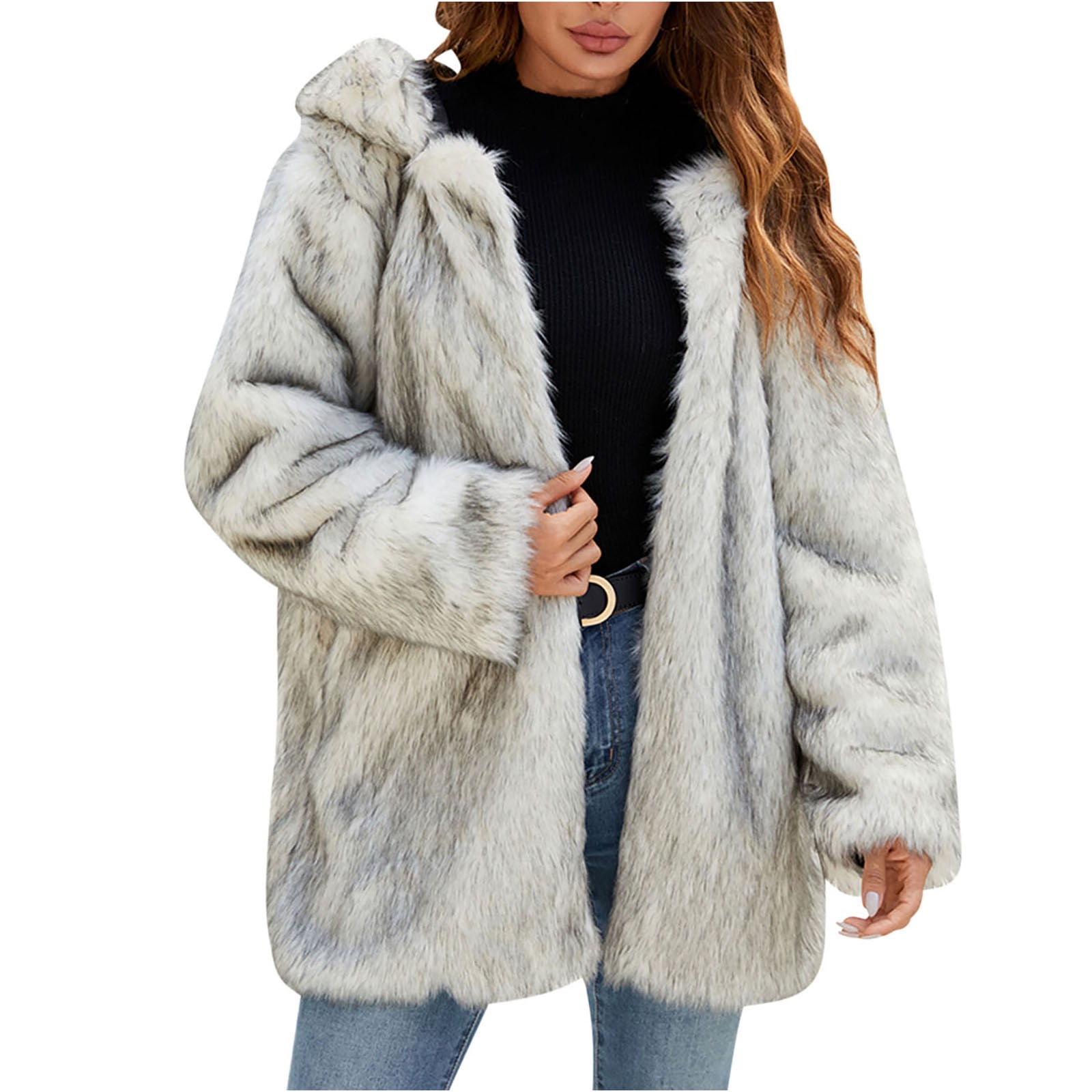 Meichang Faux Fur Jacket for Women with Ear Hooded Open Front Meichang Faux Fur Jacket for Women with Ear Hooded Open Front