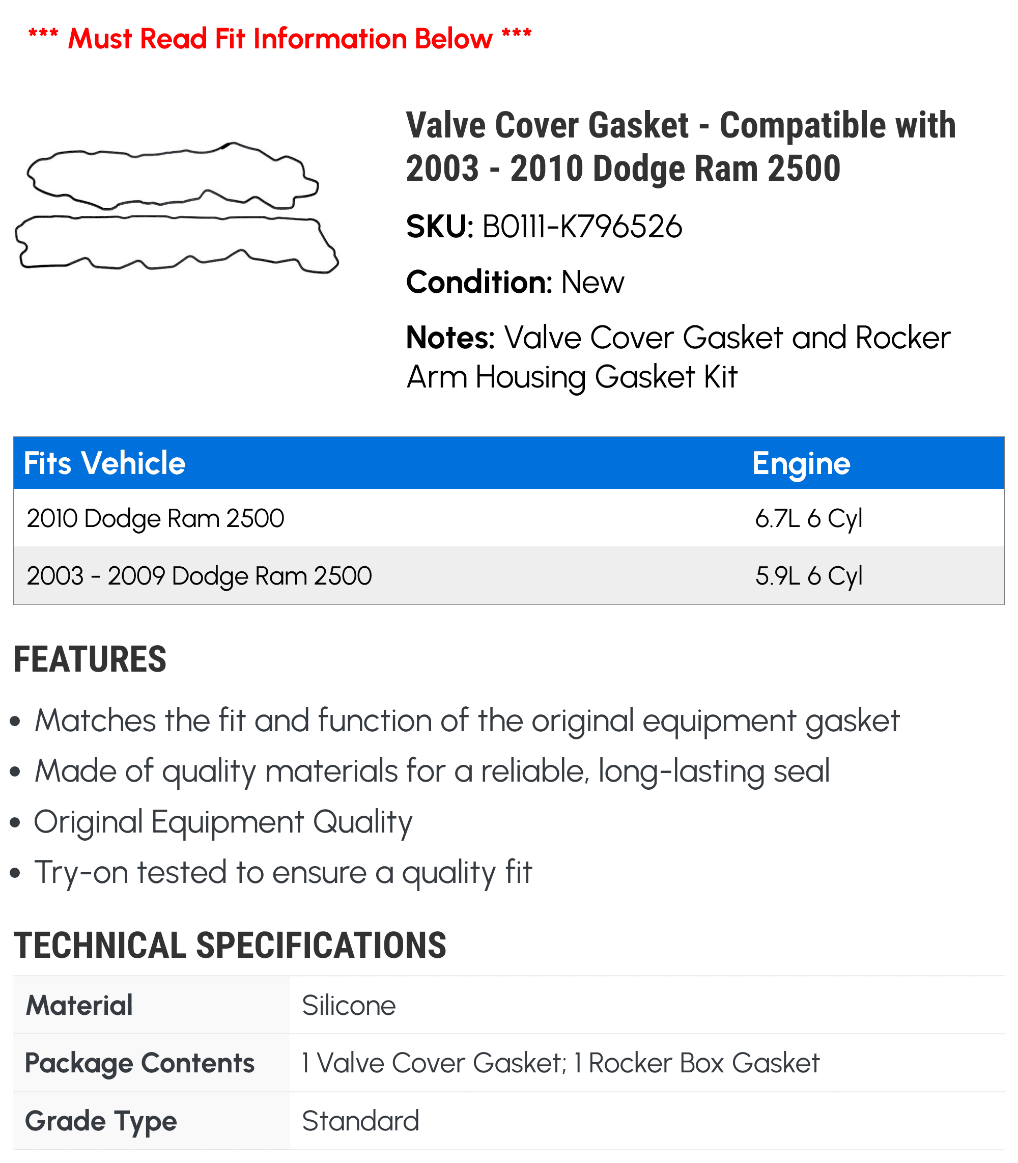 Valve Cover Gasket - Compatible with 2003 - 2010 Dodge Ram 2500 2004 2005 2006 2007 2008 2009