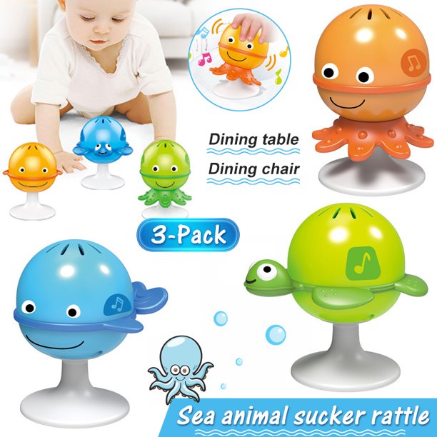 POINTERTECK 3 Pack Baby High Chair Animal Rattle Toy with Suction Base, Interactive Infant Toddlers Early Learning Toy, Hand Shaker Developmental Tray Toy for Ages 6 Months and Up Babies