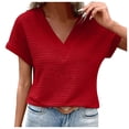 thumbnail image 1 of Womens Short Sleeve Textured Tops Summer Casual V Neck Solid Loose Basic T Shirts, 1 of 6