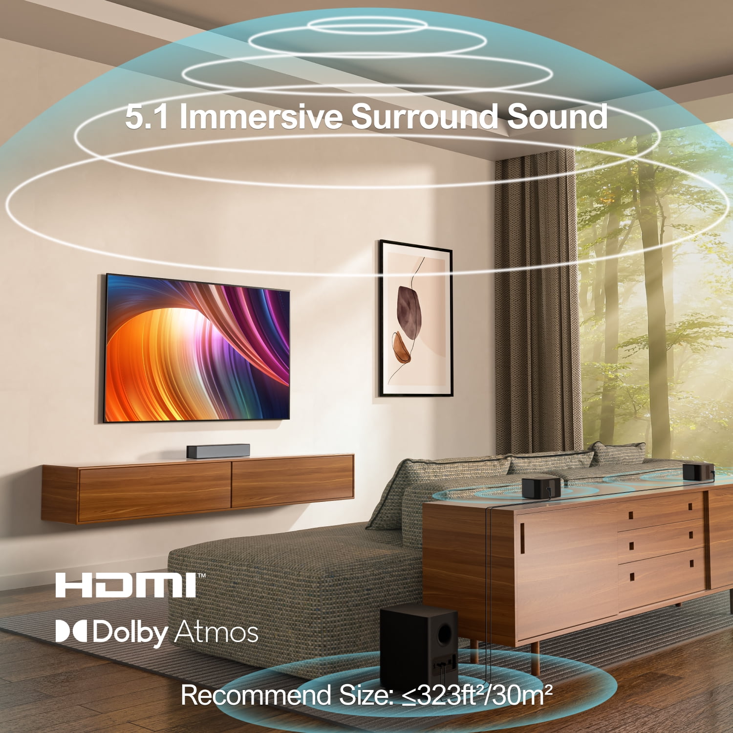 ULTIMEA Poseidon D60 5.1 Sound Bar with Dolby Atmos for Smart TV, 410W Peak Power, Surround Sound System for TV, Wireless Subwoofer Bass Boost, Surround Adjustable