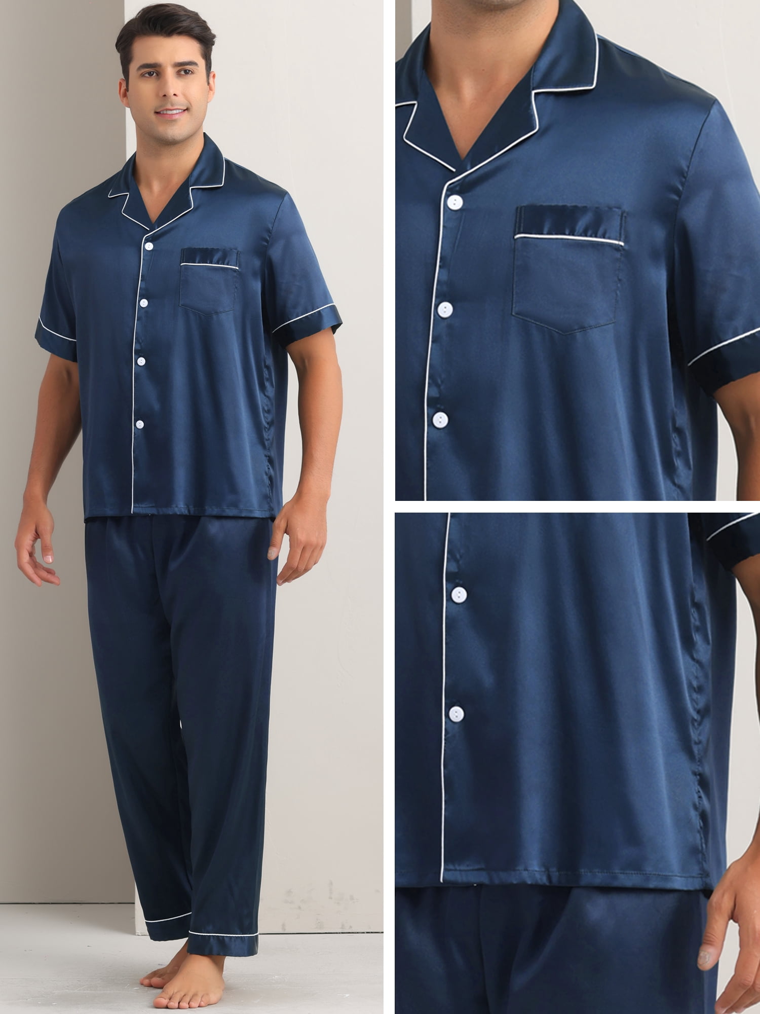 DARING DIVA Men's 2-Piece Pajama Set Button Down Short Sleeve Shirt Pants S Navy Blue