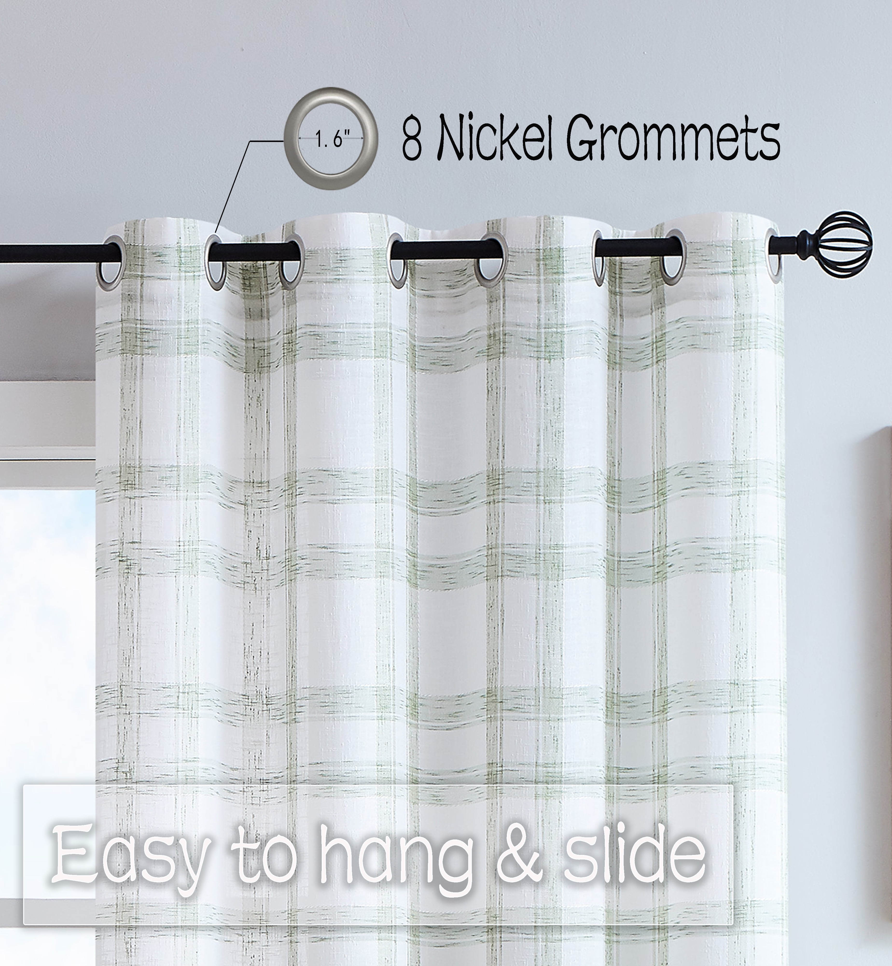 AZZCIA White Sage Plaid Linen Blend Semi Sheer Grommet Curtain Panels, 2 Panels, 54"W x 95"L